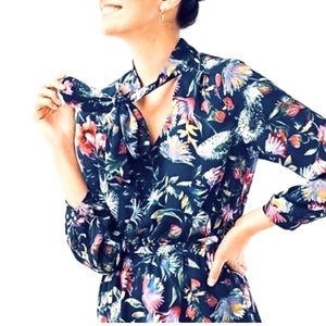 J. Crew Multicolor Floral Long-Sleeve Midi Dress W/ Neck Tie, Size S Small, Navy